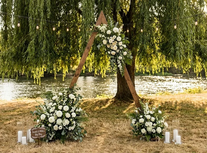 The Cedar Wood Peak — triangle A-frame cedar wedding arch rental